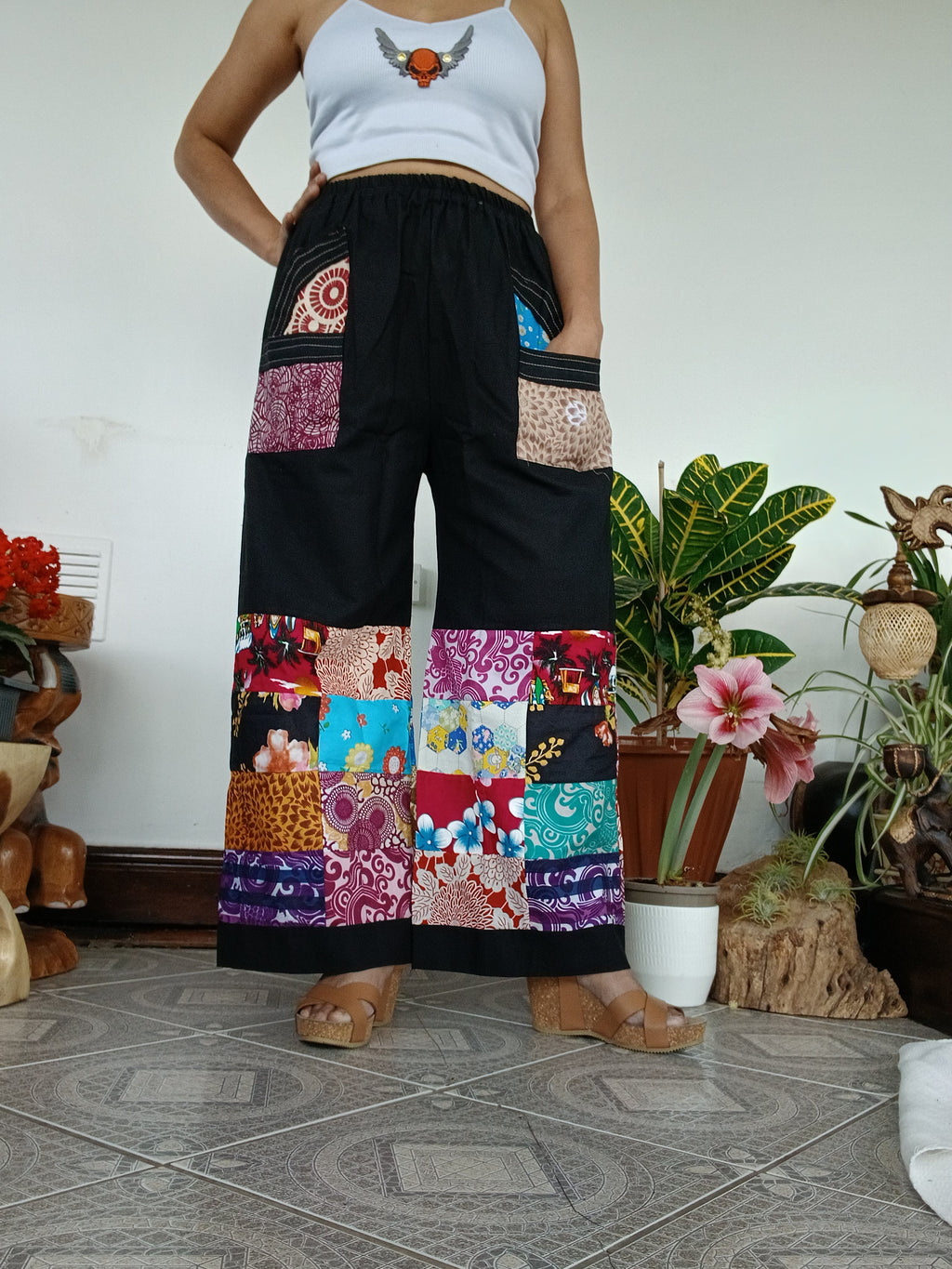 Handmade Black Multicolour Harem Pants Unique Random Patchwork Hippie Trousers