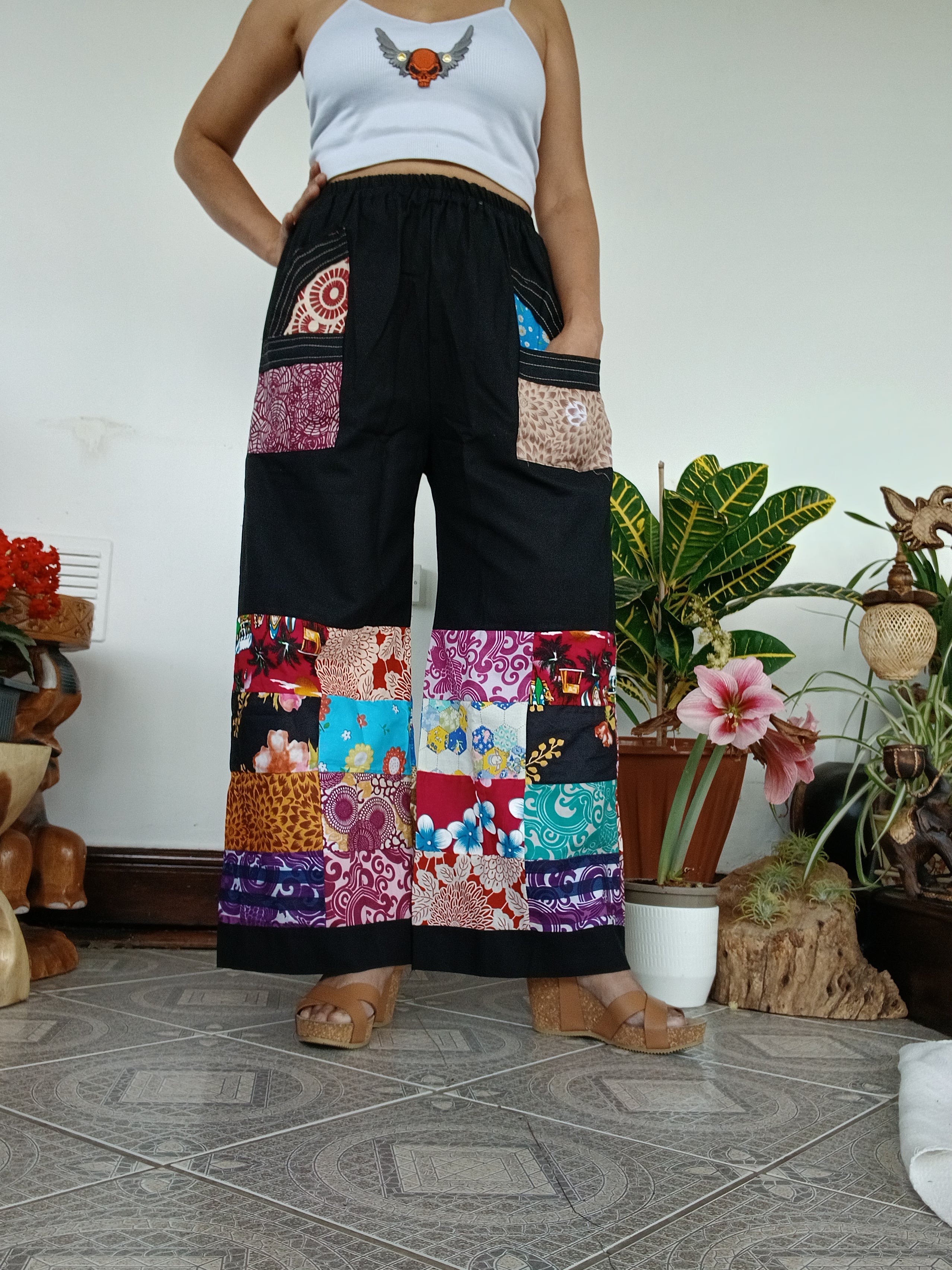 Handmade Black Multicolour Harem Pants Unique Random Patchwork Hippie Trousers