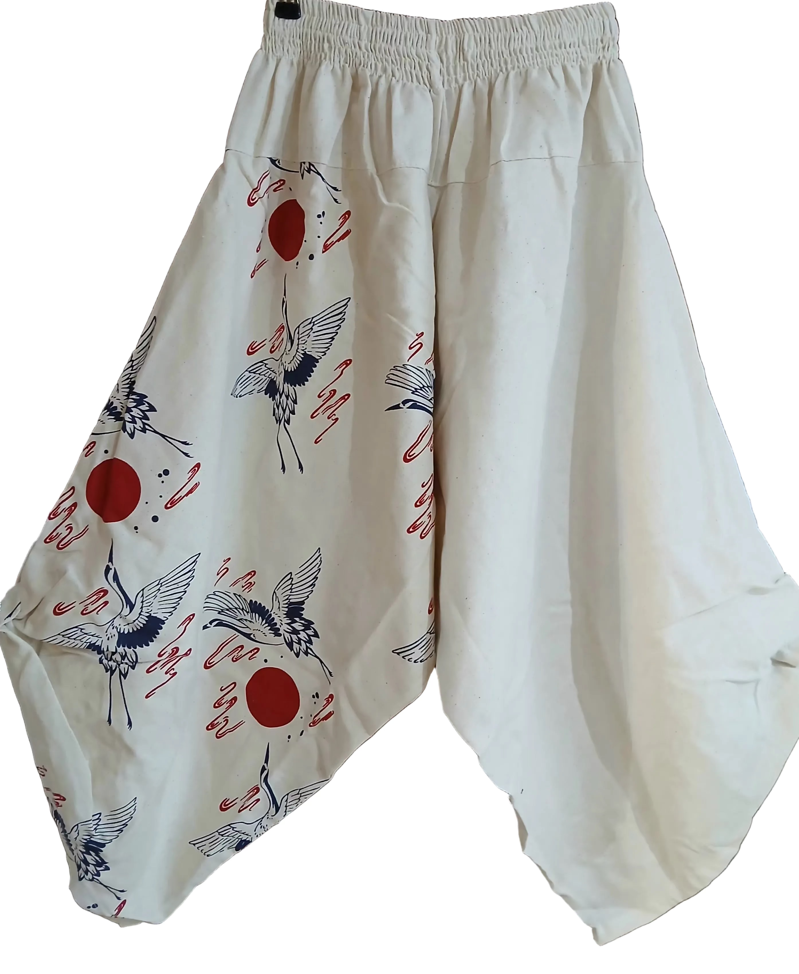 Cotton white Crane Japanese style boho harem pants wide leg hippie trousers one size fit 6-8-10