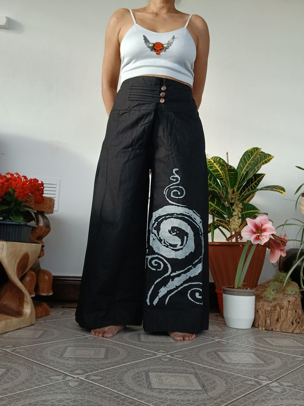 Black cotton baggy boho high-waisted trousers wide leg palazzo flowy harem pants One size fit 8-10-12