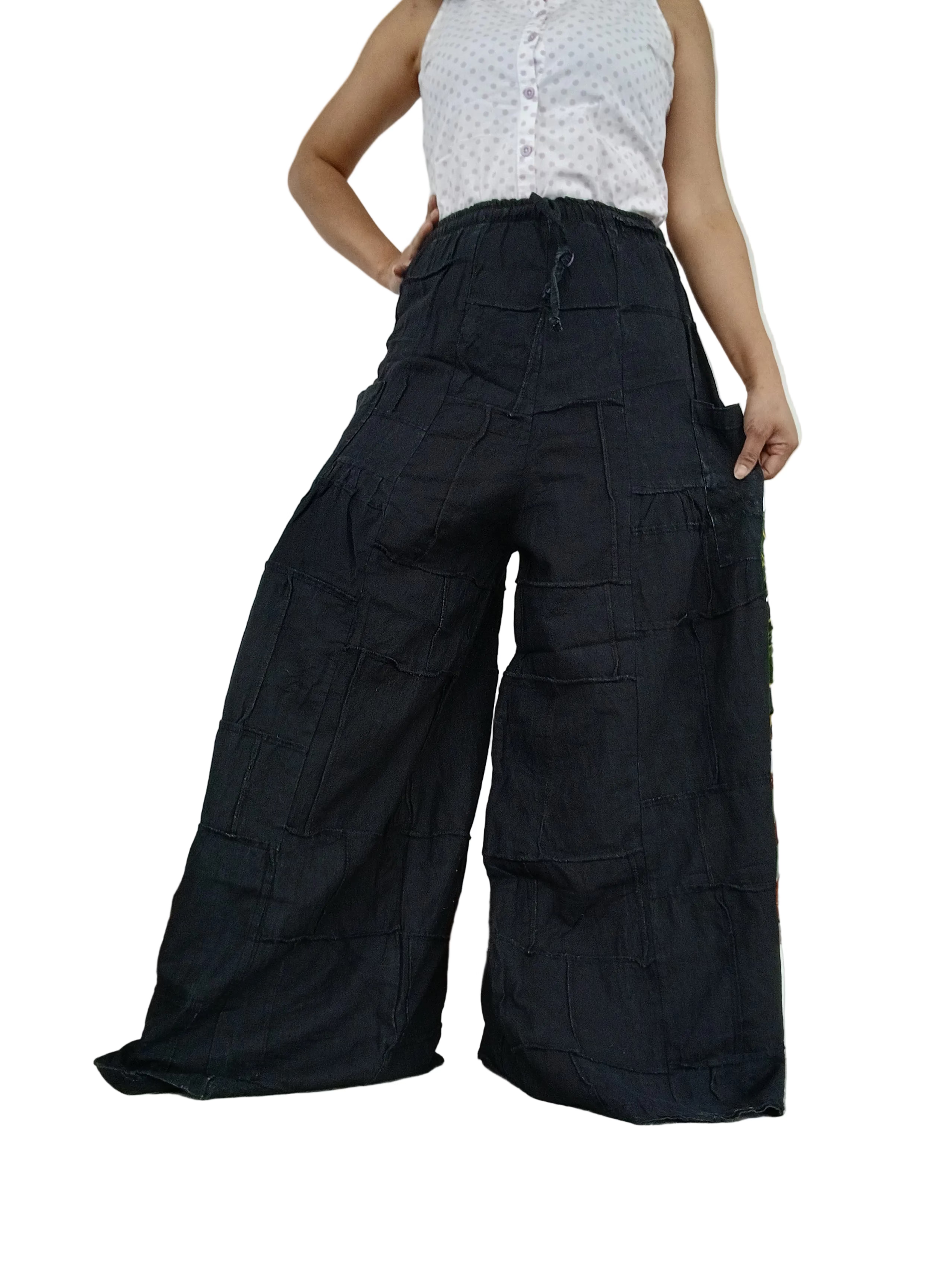 Patchwork Boho Wide-Leg Palazzo Pants – Stonewashed black Cotton one size fit 8-10-12