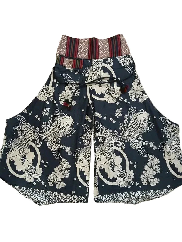 Black Koi Fish Print Palazzo Harem Pants Wide Leg Split Skirt Hippie Trousers
