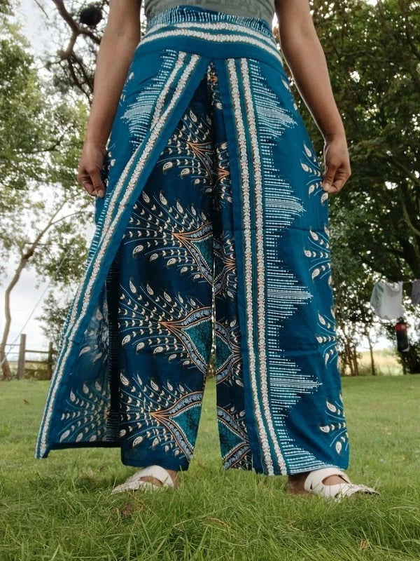 Dark Green Turquoise Bohemian Feathers Hippy Harem Pants Summer Holiday Trousers