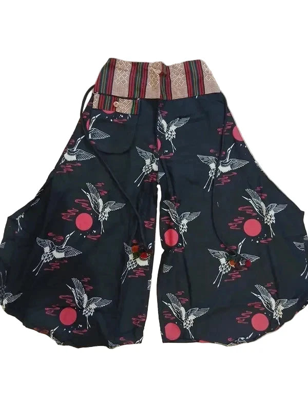 Red Sun Japan Bird Naka Palazzo Wide Leg Harem Pants Hippie Yoga Boho Trousers