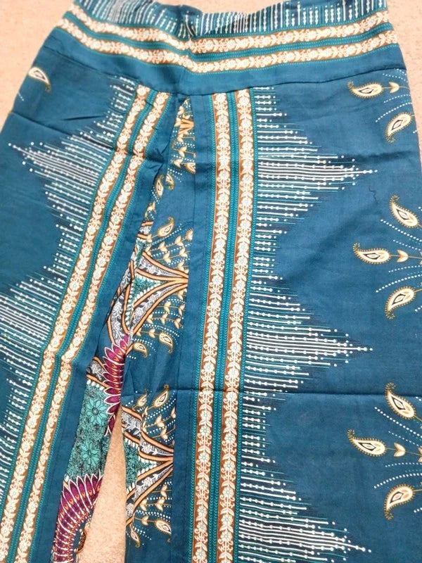 Dark Green Turquoise Bohemian Feathers Hippy Harem Pants Summer Holiday Trousers