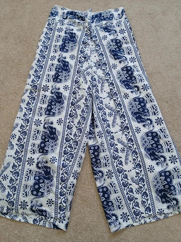 Navy Blue White Thai Elephant Womens Wrap Trousers Hippie Harem Festival Boho Pants