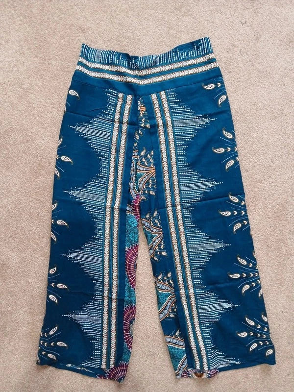 Dark Green Turquoise Bohemian Feathers Hippy Harem Pants Summer Holiday Trousers