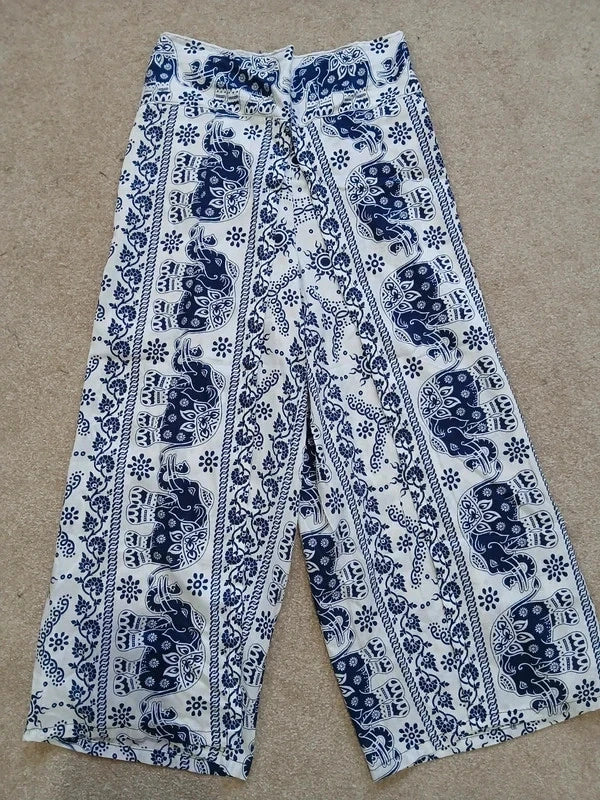 Navy Blue White Thai Elephant Womens Wrap Trousers Hippie Harem Festival Boho Pants