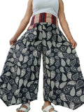 Black Paisley Leaf Flowers Wide Leg Boho Harem Pants Hippie Yoga Thai Japanese Trousers