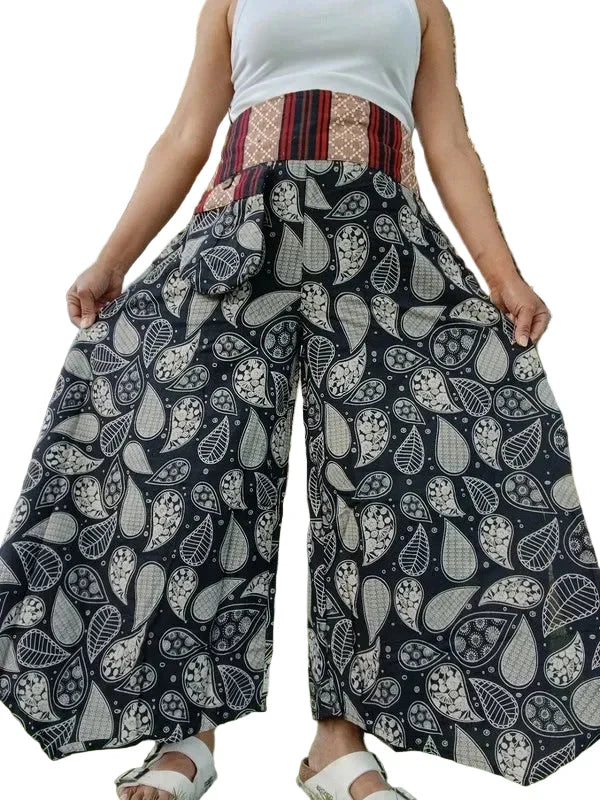 Black Paisley Leaf Flowers Wide Leg Boho Harem Pants Hippie Yoga Thai Japanese Trousers